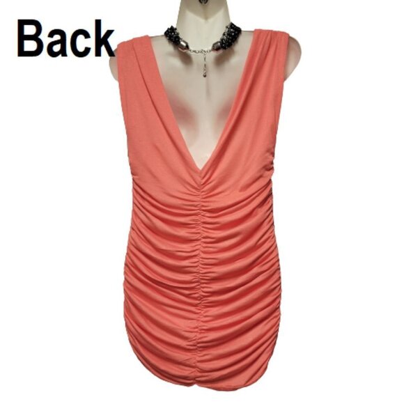 𝅺CORAL Ruched V Neck Low Back Mini Dress Size M  Size L - NWOT - Picture 2 of 7